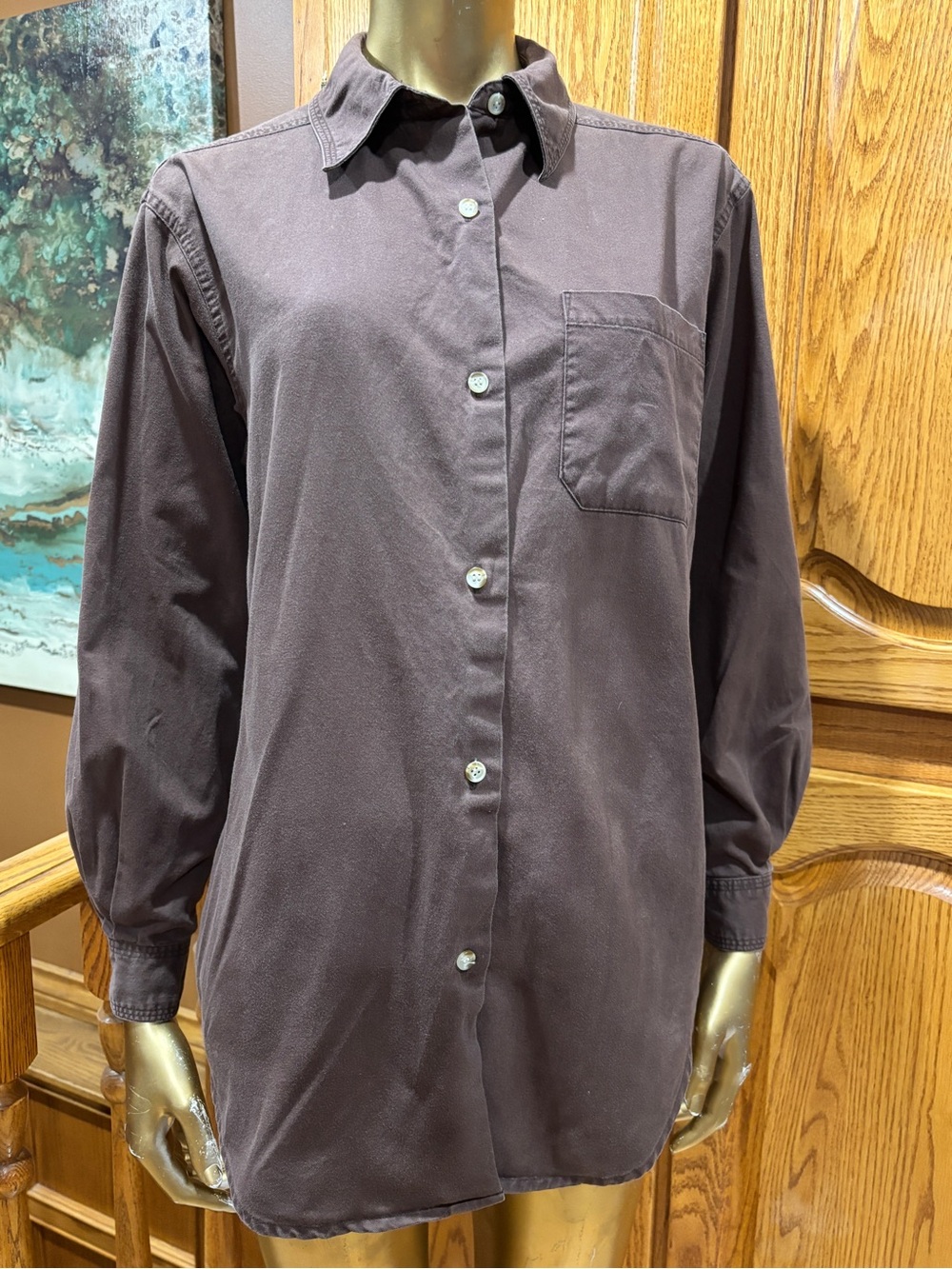 Women’s Vintage Casual Long-Sleeve Button-Down Shirt in Deep Brown